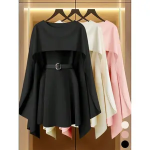 Women's Solid Color Dress with Belt, Casual Fashion Cozy Dress for Daily Outdoor Wear, Lightweight Spring Clothing with Cape Sleeves & Belted Waist Design Chic Loose WomenswearGift