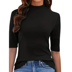 Women's Slim Fit Half-Sleeve Turtleneck Top - Casual Rayon Blend Knit Shirt, Black, High Stretch, Machine Washable, Perfect for Spring/Fall Layering, Layering Piece|   Stylish Casualwear|   Stretchy Knit Top