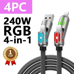 4 Pack 4 in 1 Multi-Function USB Charging Cable - MAX 240W Fast Charging/Charger Cable,  Data Transfer with USB A + Type C, for Iphone Ipad, Samsung Galaxy Macbook Ipad Tablet, Smartphone Cellphone Device Durable Lightning Electronic