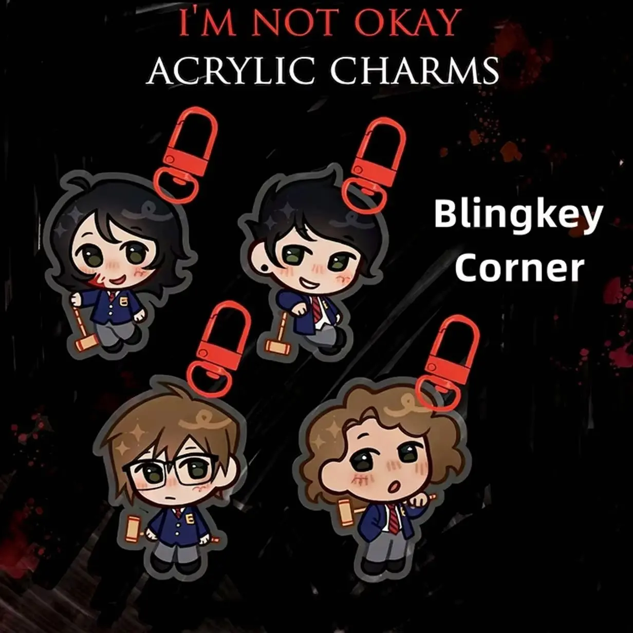 4 ops Cute Chibi MCR I'm Not Okay Acrylic Keychain, Gerard Way Emo Punk Rock Band Acrylic Charm
