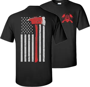 Firefighter American Flag T-Shirt, Soft Cotton Blend Shirt with Axe and Firefighter Emblem, Heroic First Responder Apparel for Men & Women, Firefighter Gift Idea