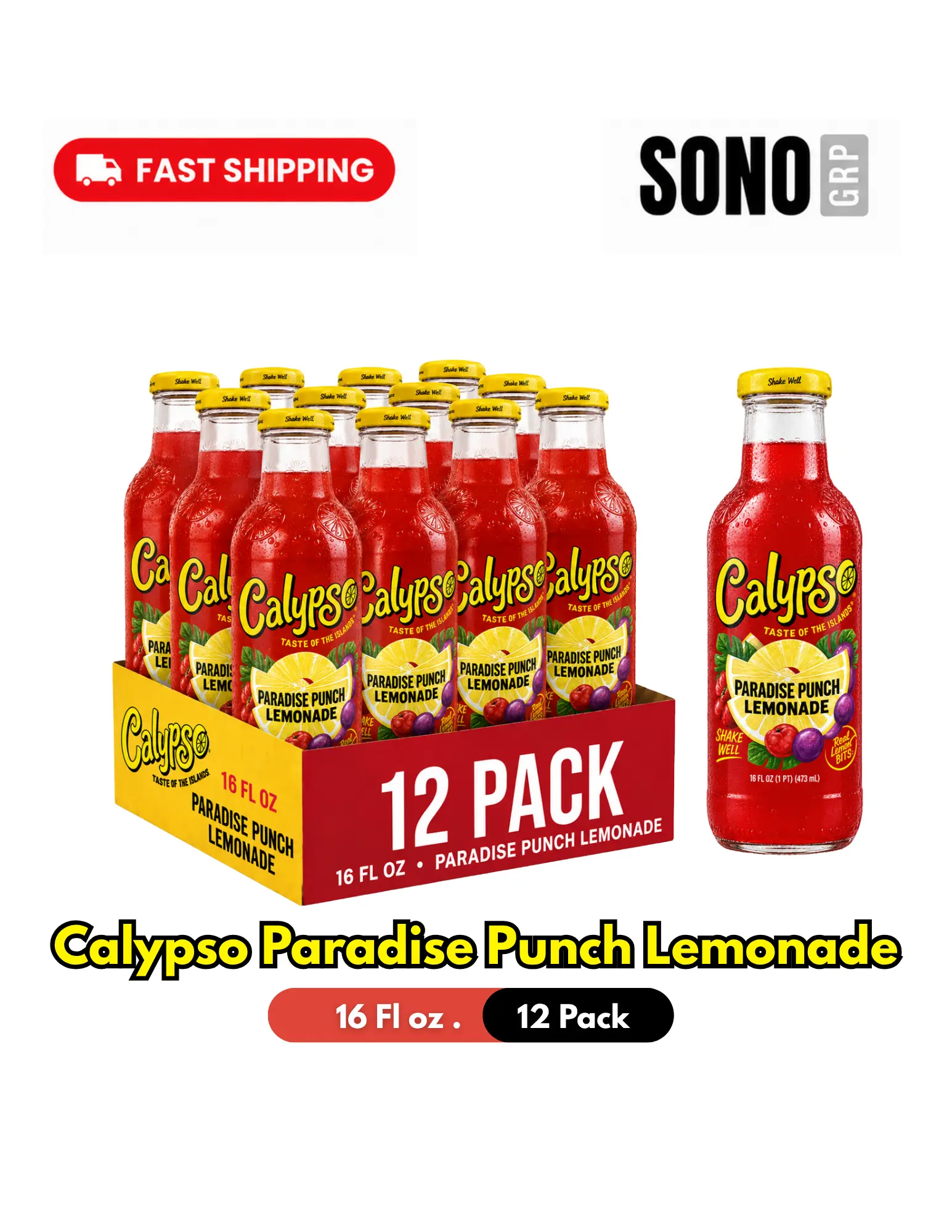 Calypso Paradise Punch Lemonade, Made with Real Fruit, 16 fl oz Glass Bottles (Pack of 12)