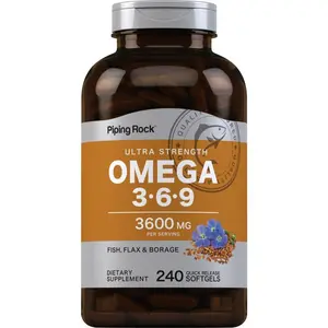 Piping Rock Omega 3 6 9 Supplements for Women and Men | 3600mg | 240 Softgel Capsules | Fish Flax Borage | Ultra Strength | Non-GMO, Gluten Free