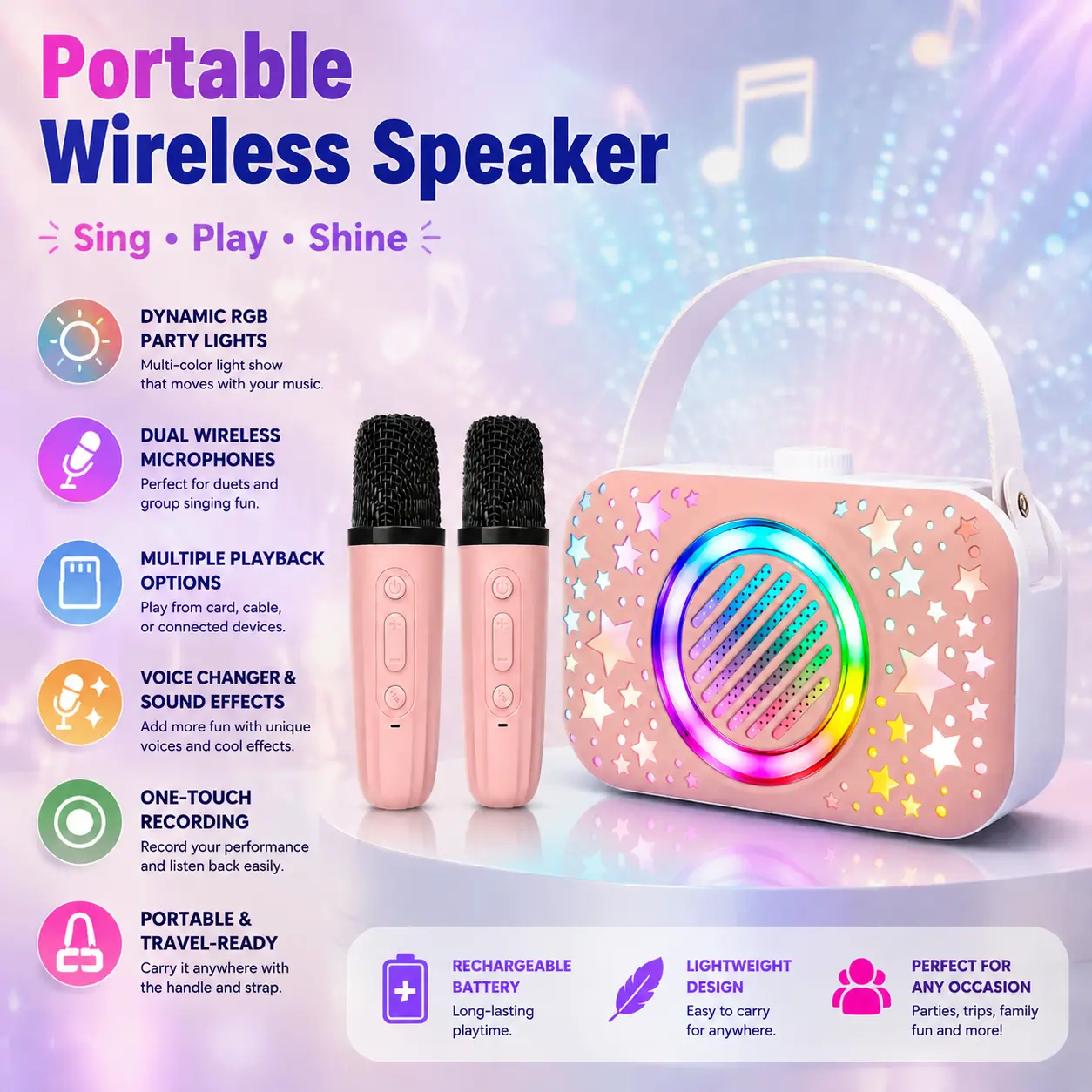 EIGIIS Portable Wireless Karaoke Machine With Dual Microphones, RGB Star Lights, Professional Voice Changer, Recording & Vocal Removal Functions, All-In-One Wireless Speaker System For Party, Travel, Outdoor Entertainment & Social Events