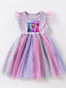 Girls' Summer Dress 4-7 Years, Short Sleeve Casual Sparkle Mesh Skirt, popular and fashion k-pop girls print, kids clothes, gift for girls, Stylish Holiday Outfits for Kids Spring Break summervibes