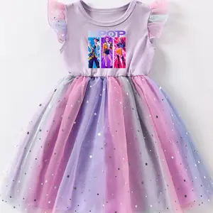 Girls' Summer Dress 4-7 Years, Short Sleeve Casual Sparkle Mesh Skirt, popular and fashion k-pop girls print, kids clothes, gift for girls, Stylish Holiday Outfits for Kids Spring Break summervibes