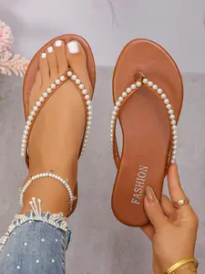 Women's Fashionable Faux Pearl Decorated Slide Sandals, Casual Comfortable Flat Sandals for Summer, Lightweight Breathable Shoes for Daily Wear, Girl Footwear