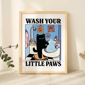 Wash Your Paws Cat Print, Cute Bathroom Poster, Wash Room Children's Washing Up Posters, Kawaii Prints Decor, Unique Cats Art