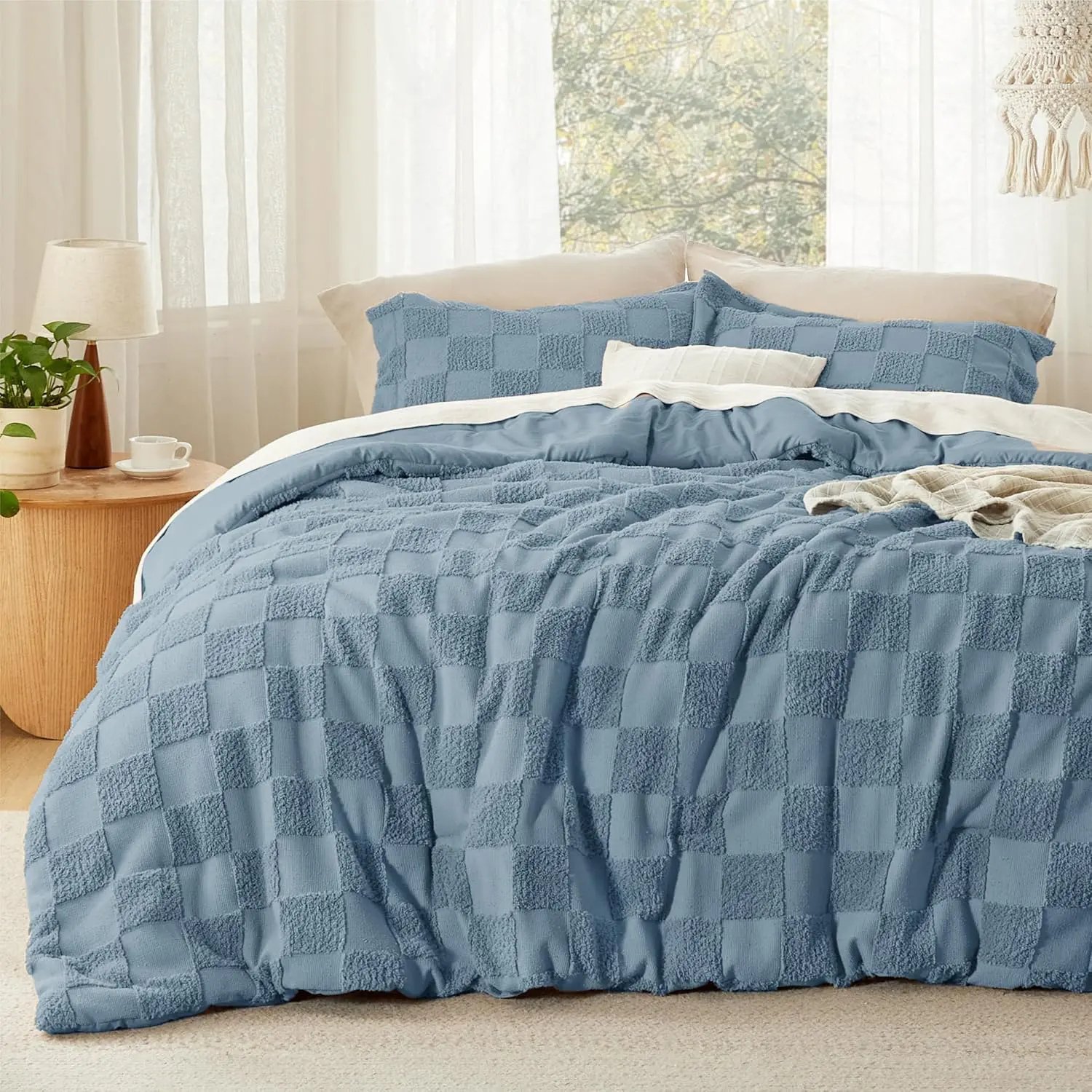 Queen Size Comforter Mineral Blue, Boho Tufted Comforter, Checkered Farmhouse Shabby Bed, 3, 1 Plaid Geometric Comforter and 2 Pillow Shams