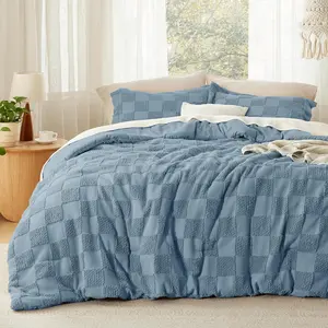 King Size Comforter Mineral Blue, Boho Tufted, Checkered Farmhouse, 3, 1 Plaid Geometric Comforter and 2 Pillow Shams