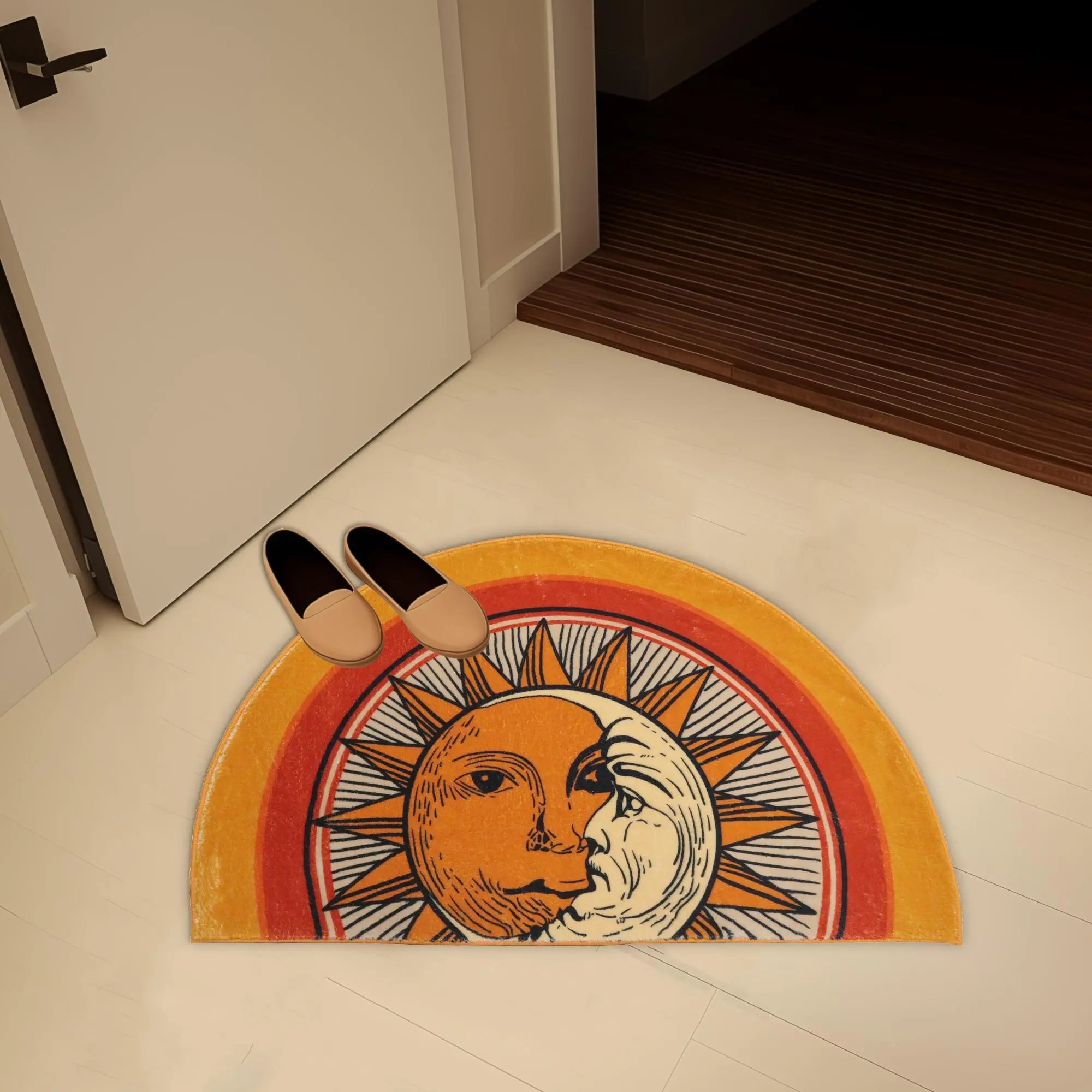 Creative Sun & Moon Pattern Carpet, 1 Count Non Slip Semicircle Floor Mat, Decorative House Decor Boho Style Bohemian Soft Area Rug Unique Rugs for Home Living Room Bedroom Decorative Mats