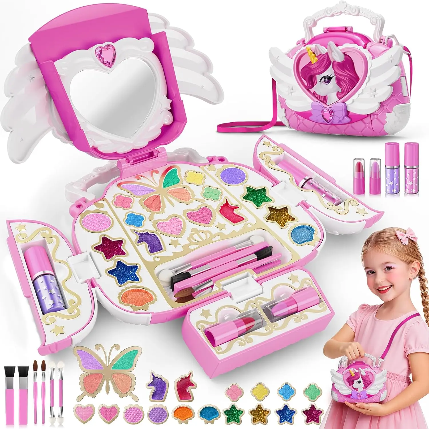 Unicorn Kids Makeup Kit with Mirror & Strap, Real Washable Make Up Set Princess Toys Unicorn Toys for Girls Age 4-6 5-7 6-8 8-13,Girls Toys Stocking Stuffers for Kids,Christmas Gifts for 3-12 Year Old