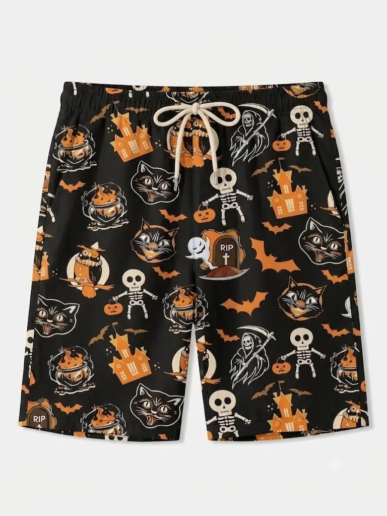 Full Print Halloween Pumpkin Ghost Skull Cat Hawaiian Shorts, Street Style, Halloween Hawaiian Shorts, Gift for Men Women
