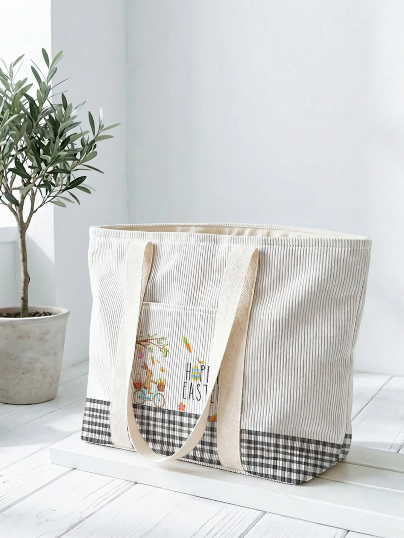 1 piece of 2D printed tote bag with Easter elements「HappyEaster」, large capacity space|perfect for commuting/shopping/going to work|carry the gentleness and faith of Easter in your hands, Easter