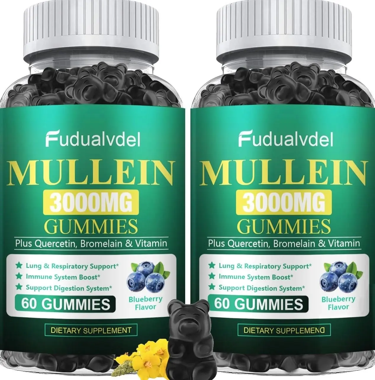 3000mg Organic Mullein Gummies - Contains Mullein Leaf Extract, Supplement Breathing with Quercetin and Bromelain, Immune Support, 120 Cts