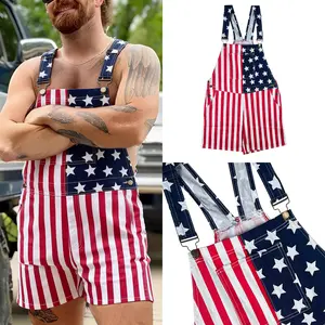 Unisex American Flag Denim Bib Shorts, Stretch Summer Short Overalls, Patriotic Outfit for Independence Day and Casual Wear