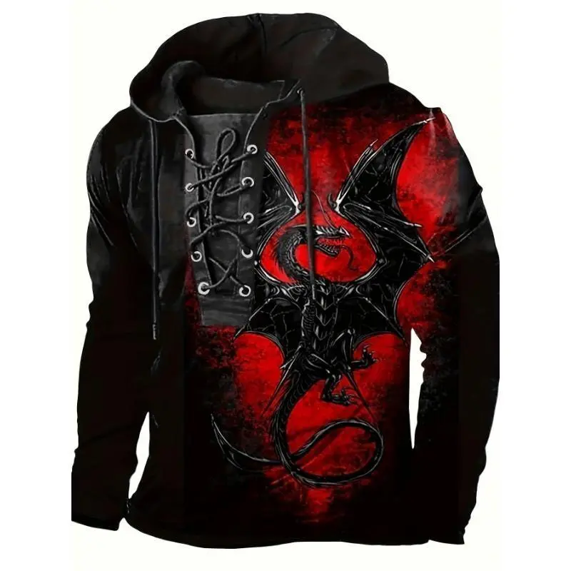 Mens Dragon Print Hoodie - Stylish Lace-Up Closure, Cozy Hooded Sweatshirt with Eye-Catching Graphic Design - Perfect for Casual Everyday Wear