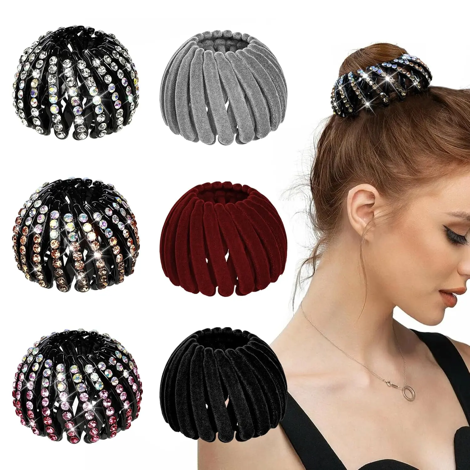 6 count Expandable Birds Nest Hair Clip Accessories for Women and Girls, 3 count Rhinestone Bird Nest Magic Hair Clip for Ponytail Holder and 3 count Fixed  Birds Nest Hair Clips for Women