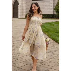 Sweet Garden Smocked Yellow Floral Midi Dress