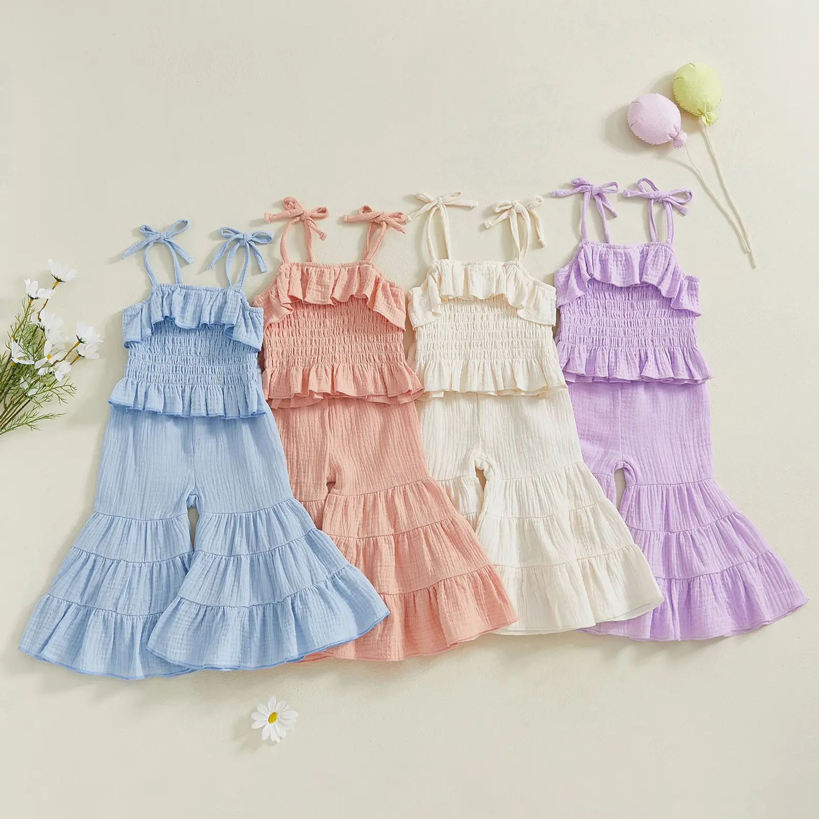 Toddler Baby Girl Summer Two Piece Outfits Cotton Line Tie-Up Strap Ruffle Smocked Camisole Tops Bell Bottoms Flared Pants