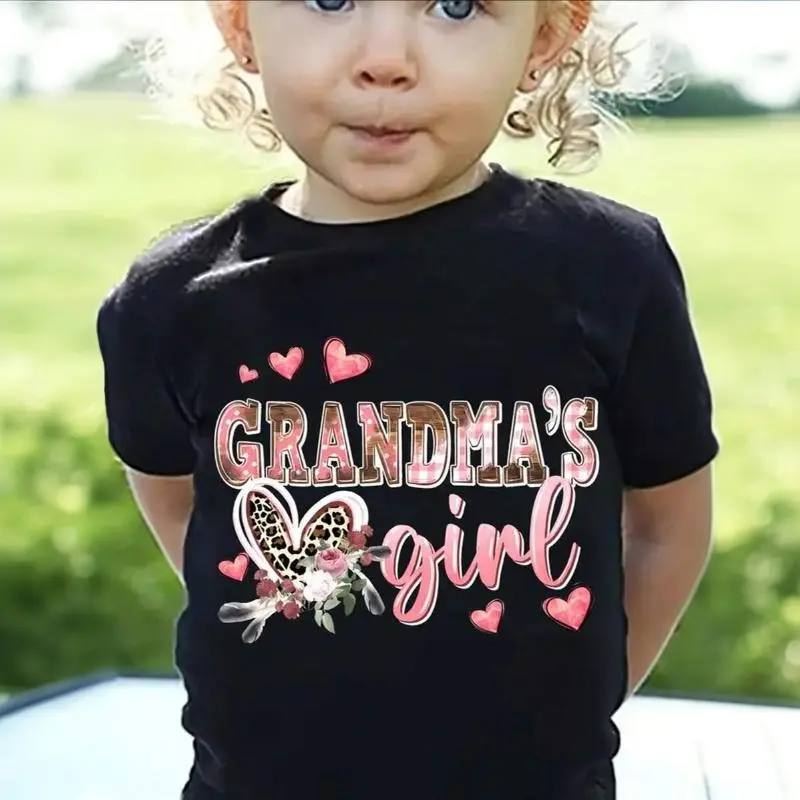 Adorable "Grandma's Girl" Pink T-Shirt For Girls - Soft & Stretchy Cotton Crew Neck Short Sleeve Tee With Heart & Butterfly Accents, Perfect For Summer, Girls Shirts Graphic Tee
