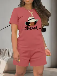 Women's Summer Casual Short Sleeve Shorts Set, Elegant Chic Graphic & Blessed Print Design, Fitted Thin Knit Fabric, Regular Length, 2-Piece