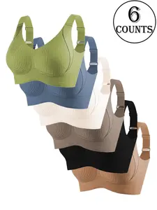 Women's Seamless Wireless Bra, Adjustable Wide Shoulder Straps, Comfortable Breathable Casual Daily Wear, Ribbed Stripe Design