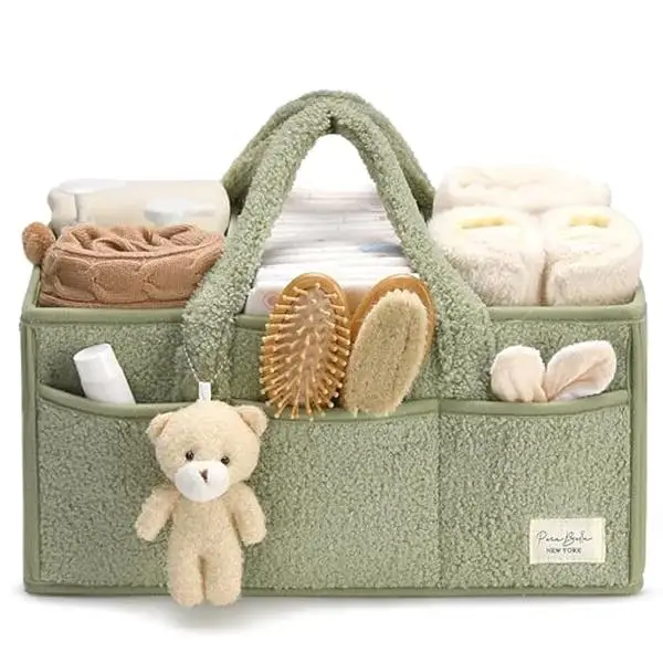 PERABELLA Baby Diaper Caddy Organizer with Teddy Bear Charm & Plush Sherpa Exterior - Versatile Storage Basket for Nursery & Changing Table - Ideal Gi