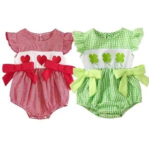 Ready Stock 0M 3M 6M 12M Baby Girls Valentine's Day St. Patrick's Day Letter Embroidery Ruffle Long Sleeve Bow Decorate Doll Collar For Casual Outdoor Wear  C327