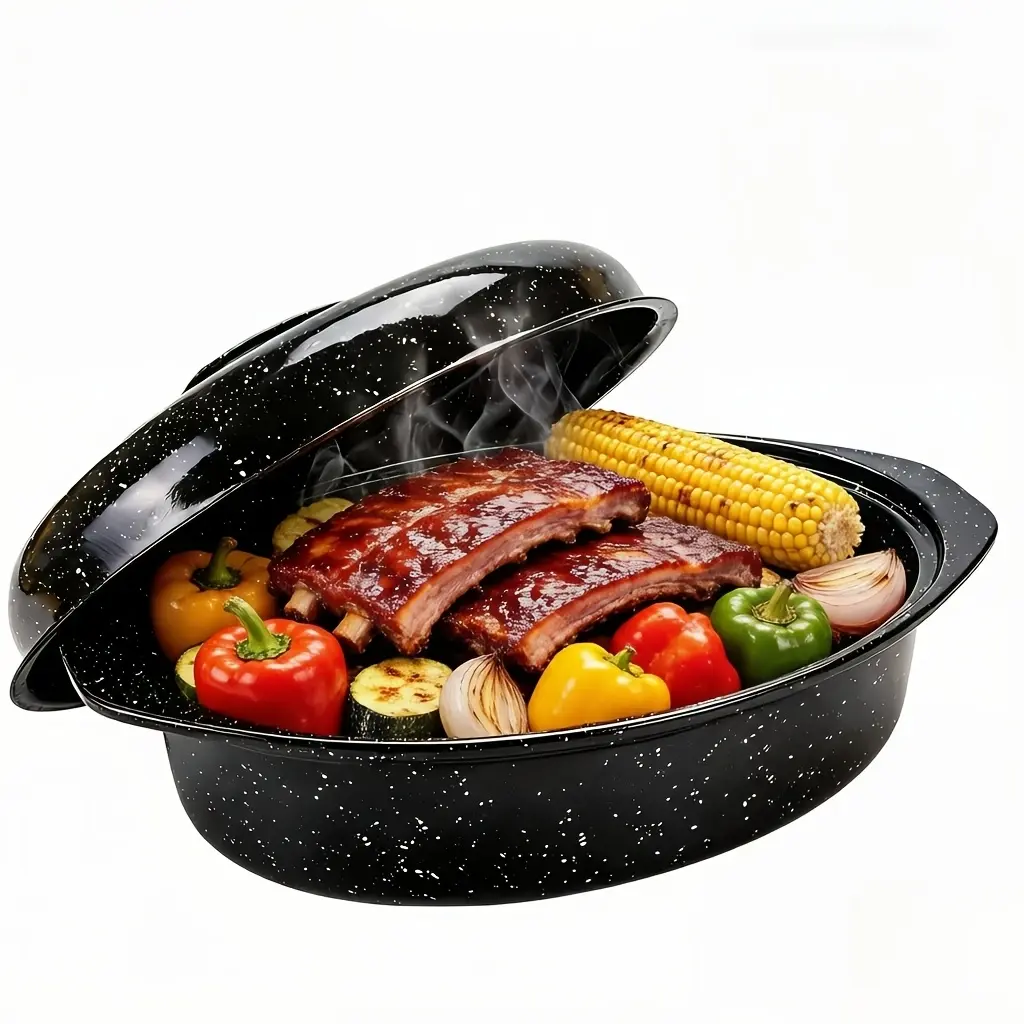 13IN Carbon Steel Enamel Roasting Pan with Lid, Oval Cookware, Oven & Grill Compatible, Ideal for Roasting Chicken, Backyard BBQ, Camping Use