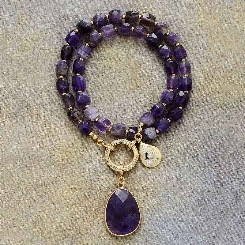 Luxury Natural Amethyst Labradorite Zircon Pendant Necklaces Crystal Healing Lariat Necklace Jewelry