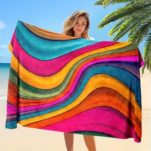 1Pcs beach towel with tropical rainbow wave design, fast-absorbing, lightweight and soft, suitable for beach, pool, camping, travel - coastal essential, poolside gear, vibrant pattern, Soft Absorbent Towel