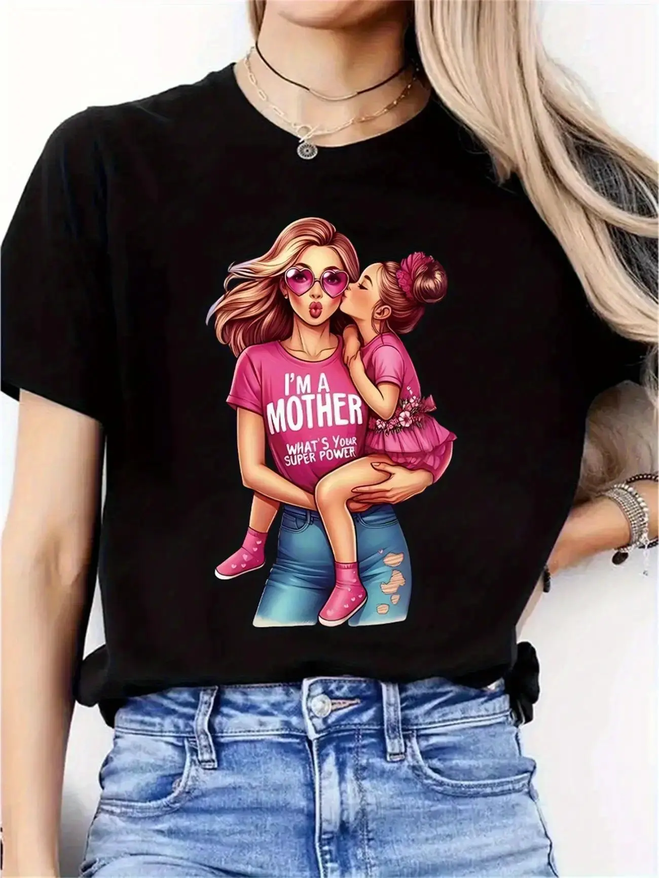 Super Mom Printed T-shirt for Women, Casual Streetwear Graphic Tee in 100% Cotton, Short Sleeve Top for Mother's Day, Shortsleeve, Tshirt, Fabric, Simple, Graphic Pattern Women's T-Shirts, Pre-Designed Style Women's T-Shirts