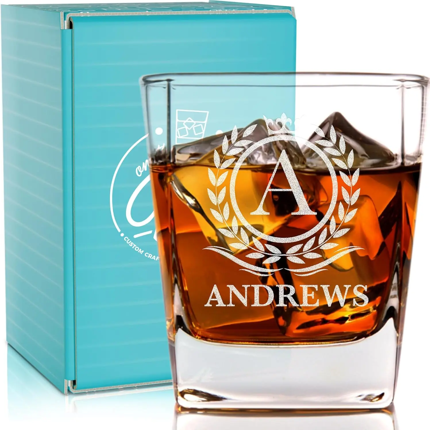 Personalized Whiskey Glass Gifts - Custom Engraved Square Bottom Glass for Wedding - 12 oz Bourbon, Scotch Glass - Groomsman Favors (Name Monogram)