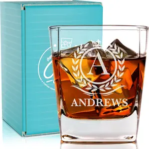 Personalized Whiskey Glass Gifts - Custom Engraved Square Bottom Glass for Wedding - 12 oz Bourbon, Scotch Glass - Groomsman Favors (Name Monogram)