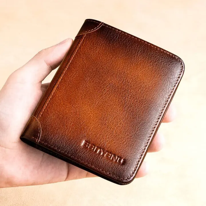 Men's Genuine Cowhide Leather Wallet - RFID Blocking, Waterproof, Slim, Lightweight, Plain, Large Capacity Business Style Card Holder with 9 Card Slots, 2 Currency Pockets, RFID EDC Everyday Carry, Men's Gift Idea