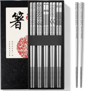 Reusable Metal Chopsticks – Premium 304 Stainless Steel, Non-Slip & Dishwasher Safe – Lightweight, Durable, Japanese & Korean Style – 5 Pairs, 9.25 Inches, Elegant Gift Set