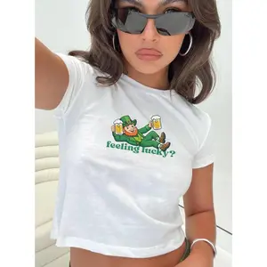 Leprechaun Feeling Lucky St Patrick's Day Baby Tee, Y2K St Paddys Crop Top, Luck of the Irish Shirt, Saint Pattys Parade, Trendy Shamrock