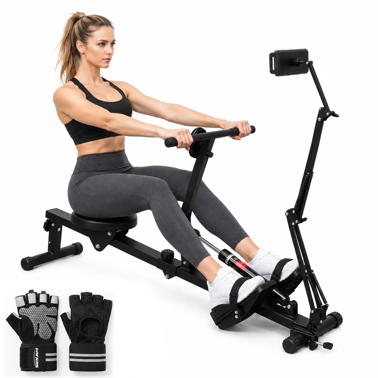 SEKAM Rowing Machine, 12 Level Hydraulic Resistance Rower with Tablet Holder, Foldable Exercise Machine, 265 LBS Capacity, Free Gloves, for Home Gym