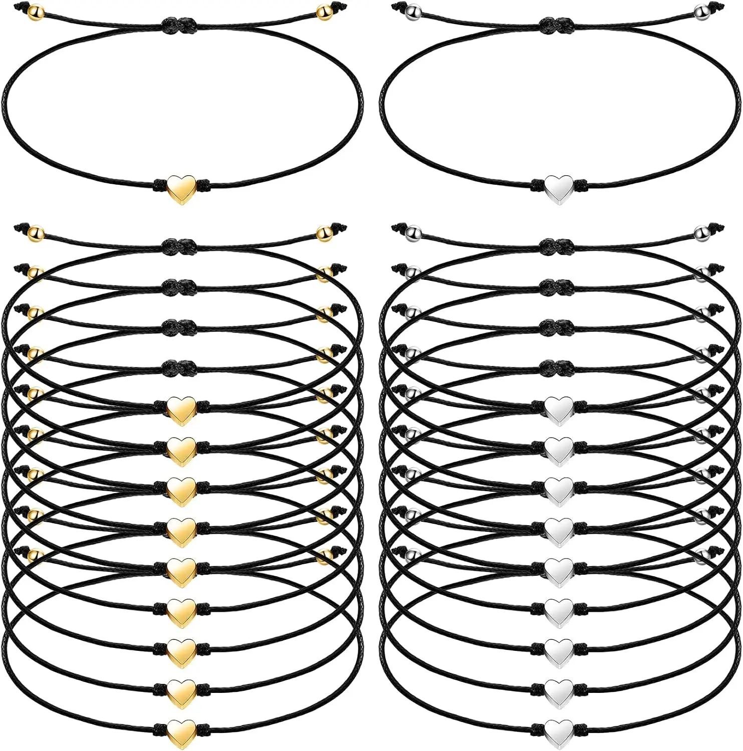 20 Pieces Galentines Day Gifts Bulk Silver Gold Heart Charm Bracelets Black String Adjustable Bracelet Braided Matching Bracelets Friendship Jewelry Galentines Party Favors for Women Men