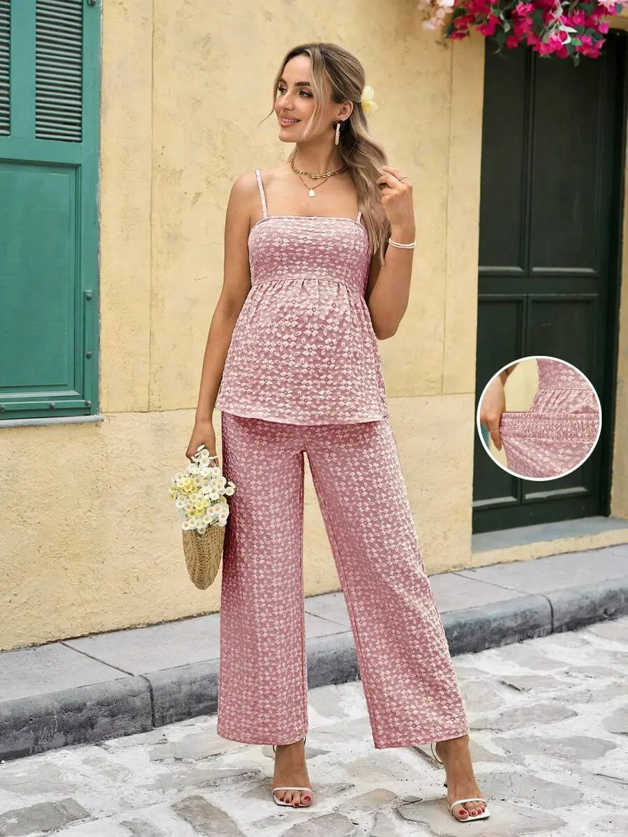 NANCY Maternity Casual Yellow Ditsy Floral Camisole And Elastic Waist Pants 2 Pieces Set For Pregnant Women