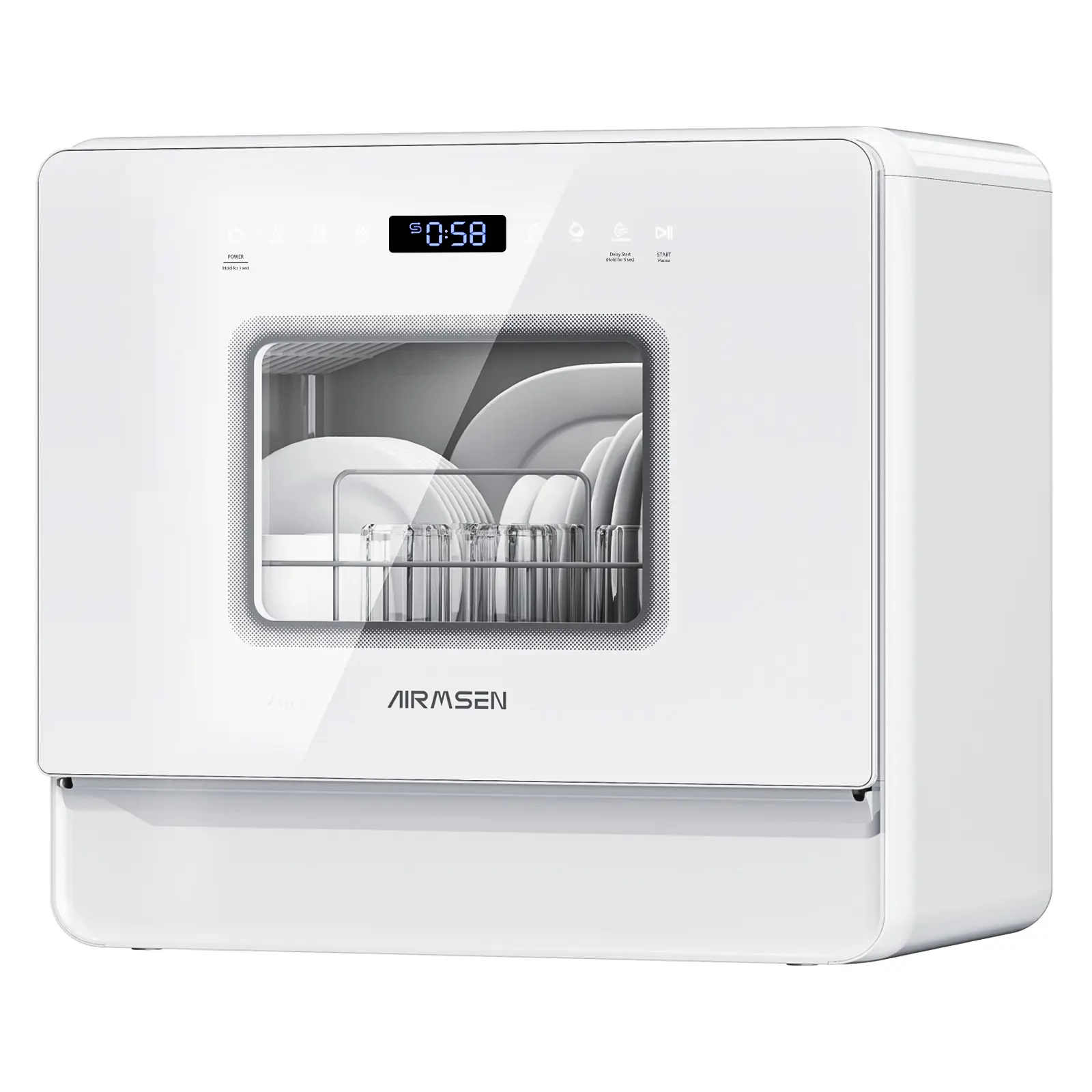 AIRMSEN Countertop Compact Dishwasher A01 White - 2-Level Racks, 5.2L Built-in Water Tank, 3 Spray Arms, 12H Delay Start, 9 Programs (Express, Normal, Auto-Clean, Baby Care), Fruit Cleaning, No Hookup Required, for Small Kitchen Users