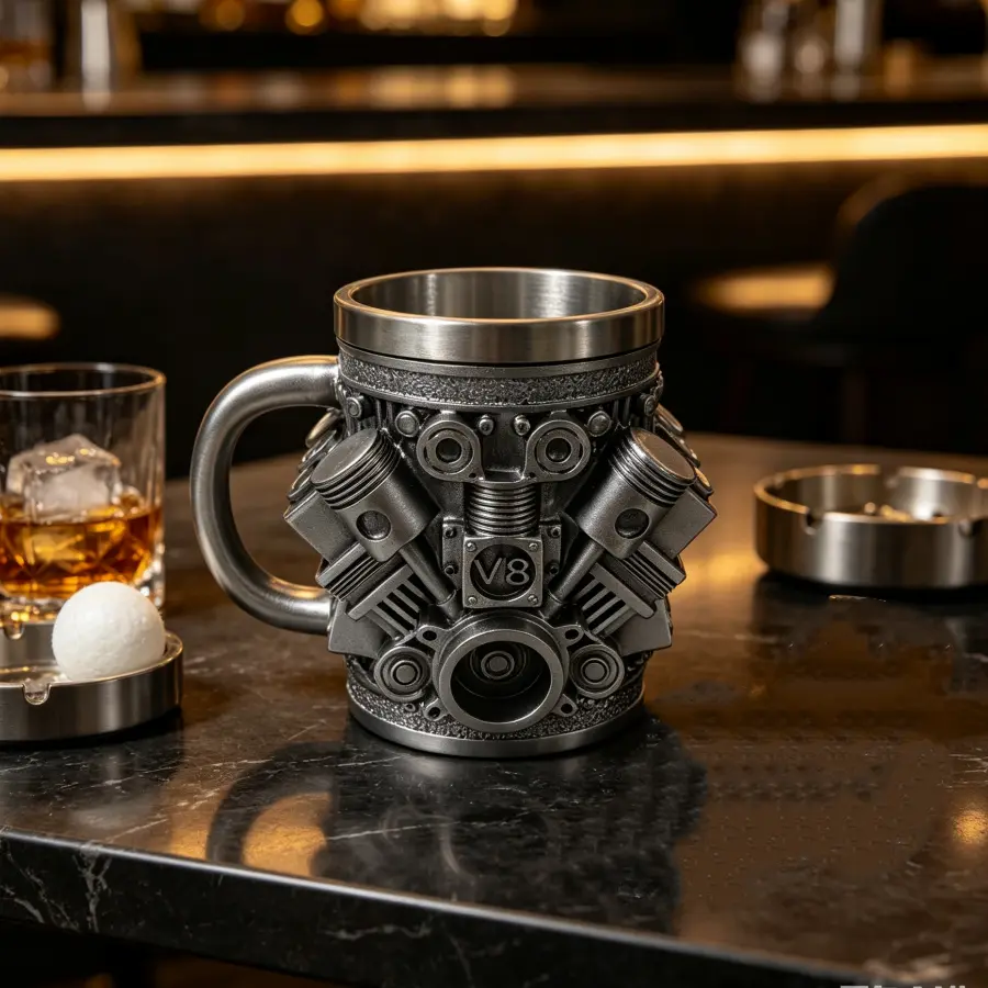 Novelty stainless steel mug featuring an V8 engine design, cool automotive-themed drinking cup, perfect gift for car lovers, muscle car collector garage accessory for men