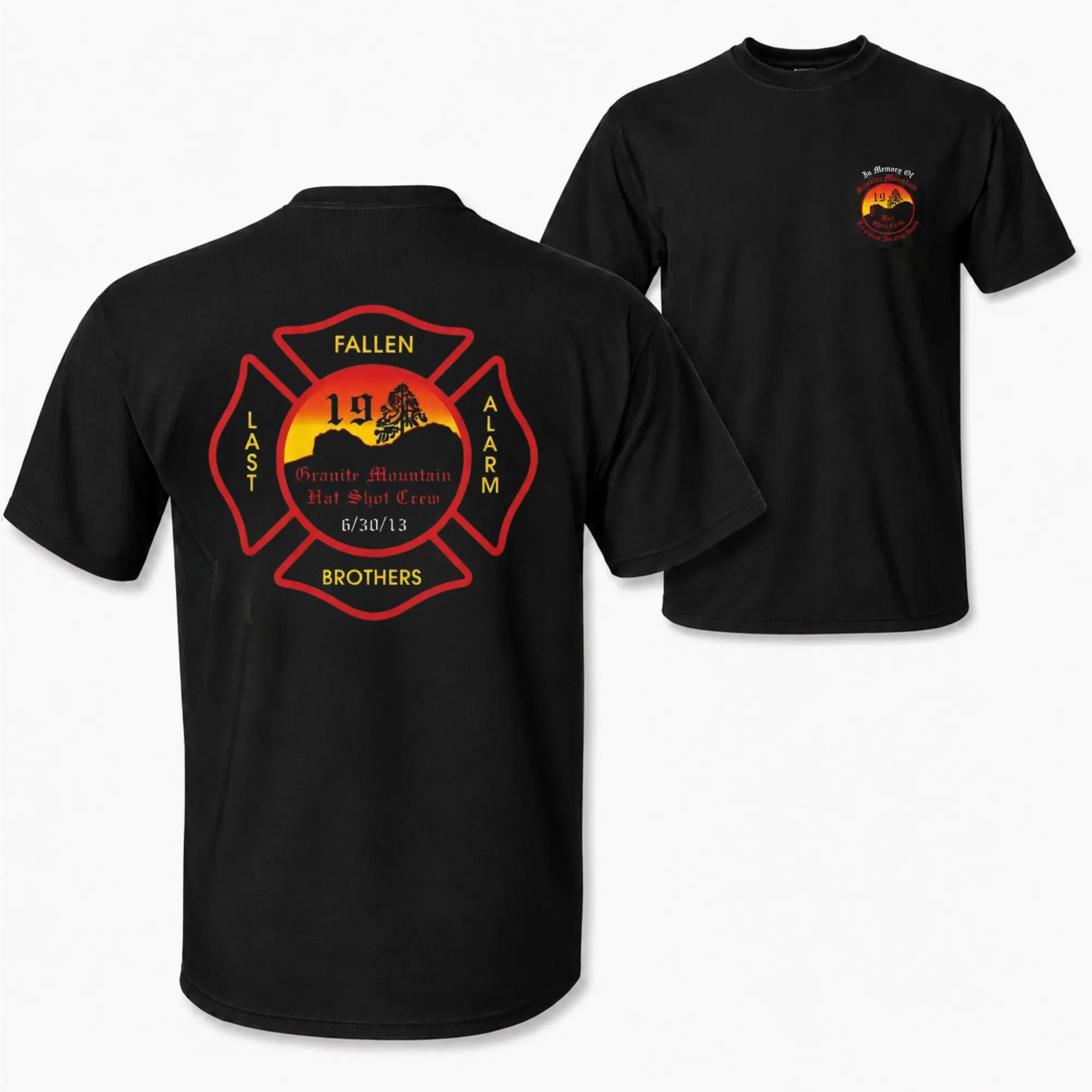[MADE IN US] Granite Mountain Hotshots 19 Memorial Men's Basic Tee, 2-Sided Art Graphic Print, Standard Cotton Casual Top, Multi-Size Fallen Firefighter Tribute Remembrance Gift For Wildland Firefighters