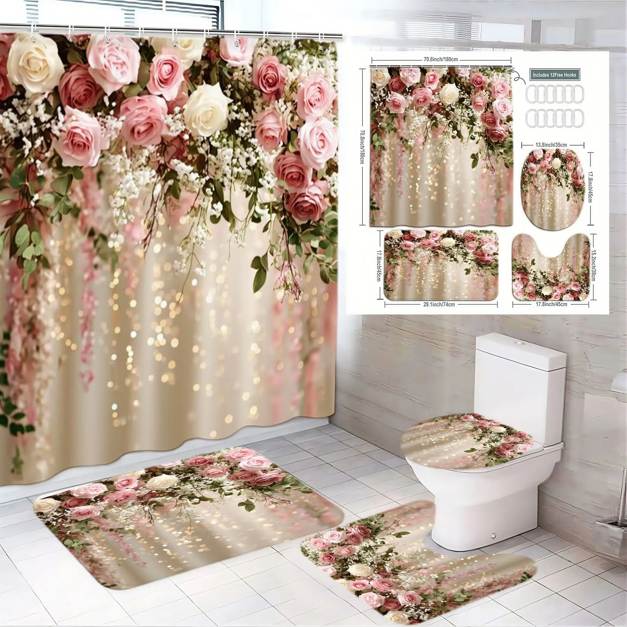 4pcs Elegant Floral Bathroom Set, and Breathable Fabric, Greenery Shower Curtain Sets, Matched Bath Mat and Toilet Seat Cover, Style Décor Restroom Bathroom Accessories, Home Goods, Aesthetic Bathroom Decor, Elegant Bathroom Decor
