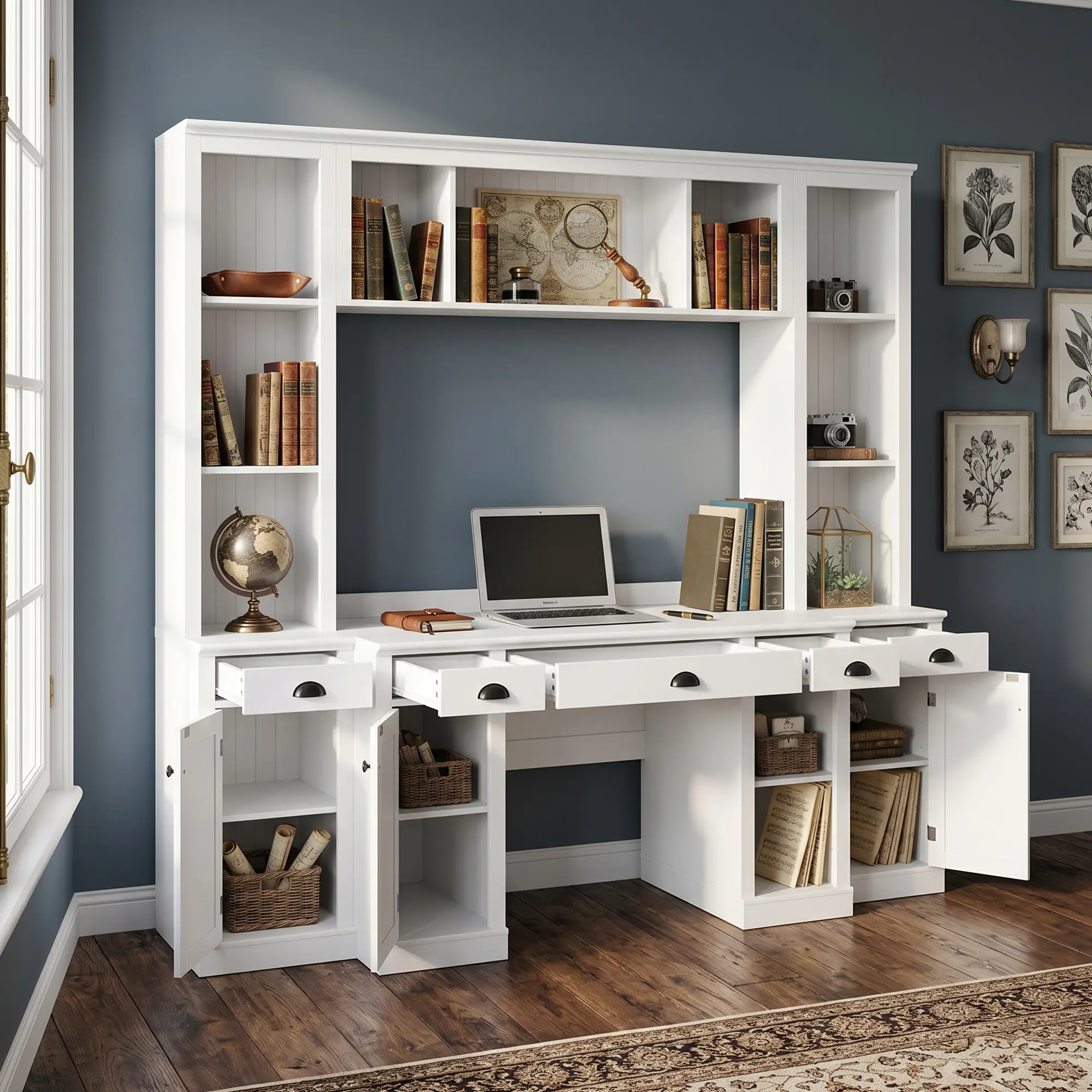 FUFU&GAGA Modern Classic White Executive Office Desk with Storage, Open Shelving, Closed Cabinets & Bookshelf for WFH Setup & Office Inspo Workstation