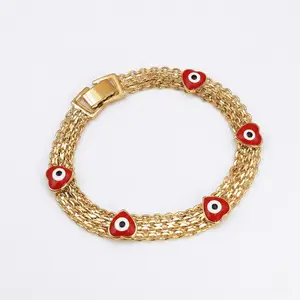 Gold Plated Evil Eye Bracelet for Women Red Heart Mal de Ojo Protection Jewelry Wide Link Chain Spiritual Charm Bracelet Boho Chic Accessory Gift for Her Anniversary Valentine Birthday Year Round Fashion