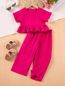 Girls' Summer Casual Fashion Set Outfit, Fitted Plain Woven Tee & Pants, Sweet Style with Back Button Design, Regular Length, Thin Fabric