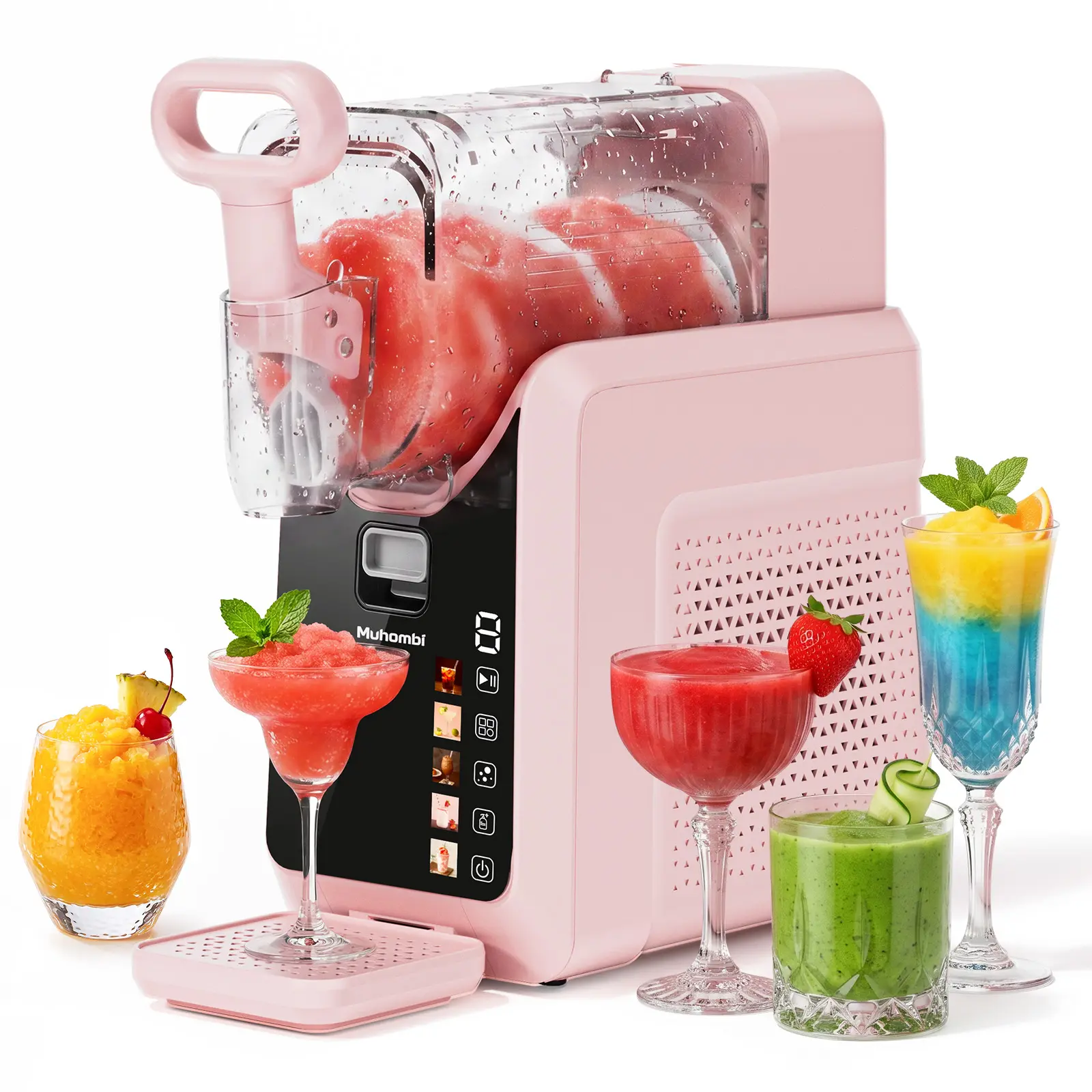 Muhombi 2L Large Capacity Slushie Machine Pink/Gray, No Pre-Freezing Ice Cream Frozen Drink Maker, Smart Presets & 0-9 Adjustable Slush Hardness Countertop Machine for Margarita, Milkshake, Frappe, Frozen Juice Summer Party Drinks