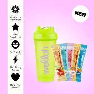 Wellah L-Glutamine Sample Pack + Shaker Bottle | Includes Tropical Punch, Strawberry Lemonade, Unflavored, Peach Mango & Blue Hawaii | Supports Gut Health And Muscle Recovery